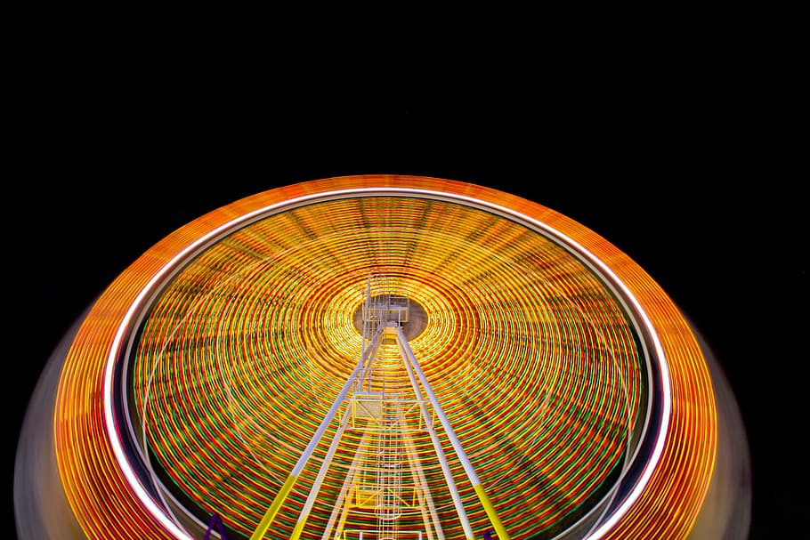 fun, carnival, lights, ferris, wheel, orange, round, motion HD wallpaper