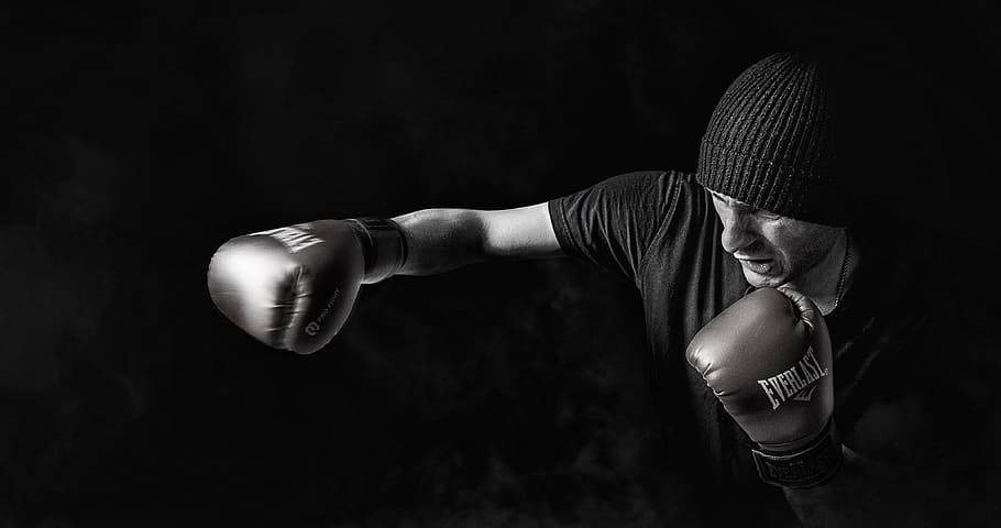 Man Doing Boxing, adult, athlete, black-and-white, bonnet, boxer