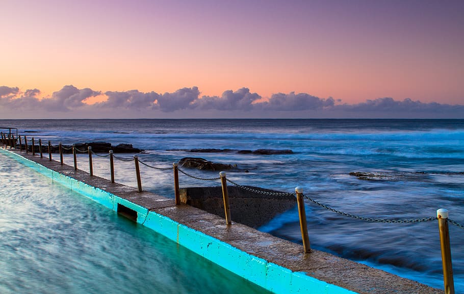 blue ocean water during sunset, australia, sea, nature, north narrabeen HD wallpaper