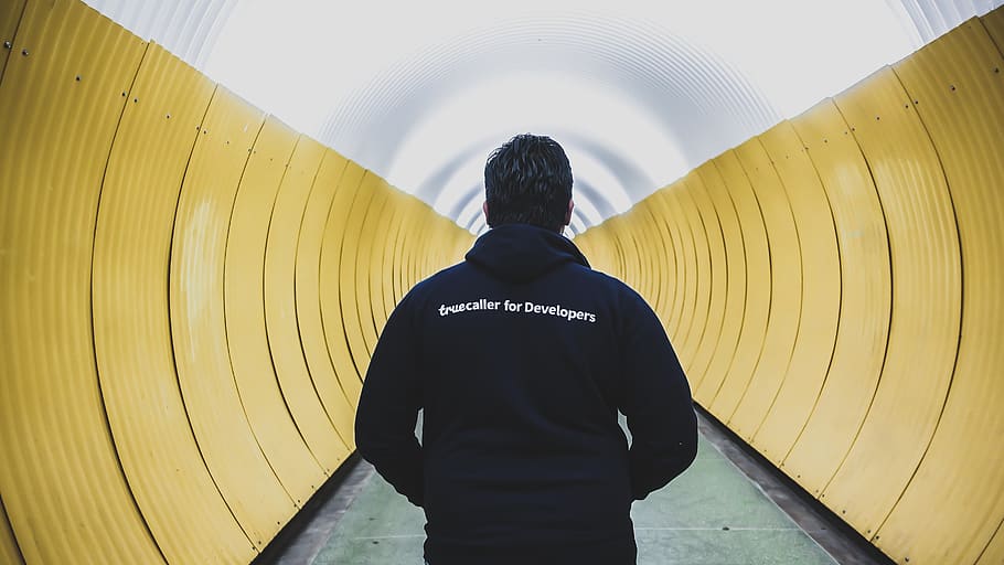 man in tunnel, human, person, stockholm, corridor, banister, handrail HD wallpaper