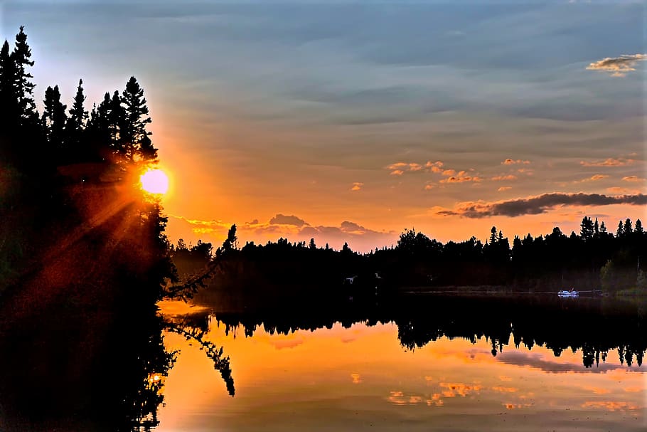 sunset, twilight, landscape, lake, reflections, evening, colorful HD wallpaper