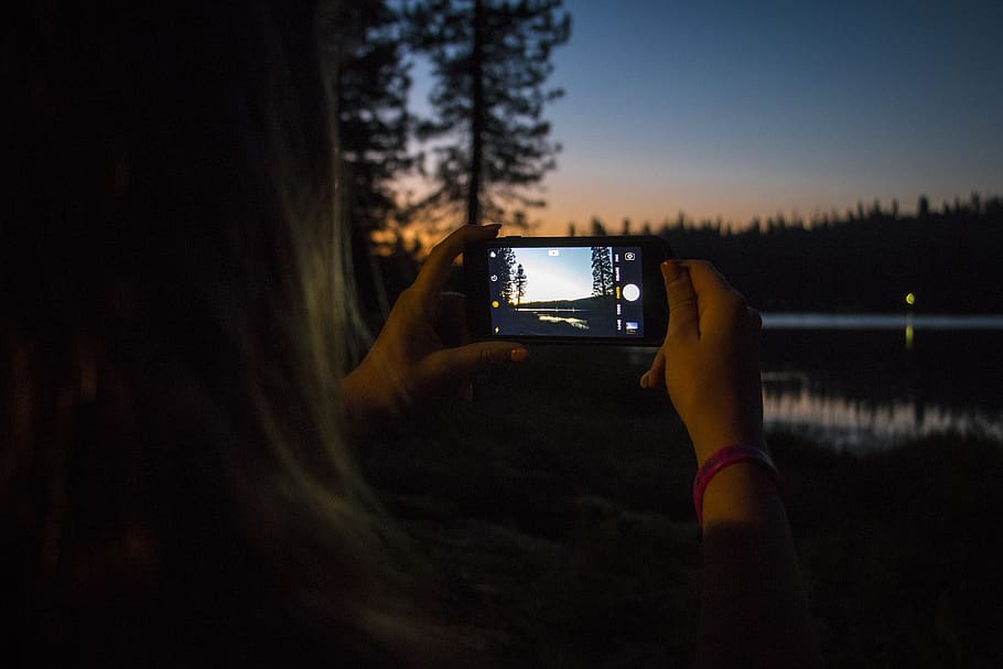 black phone, sequoia lake, united states, taking photo, woman HD wallpaper