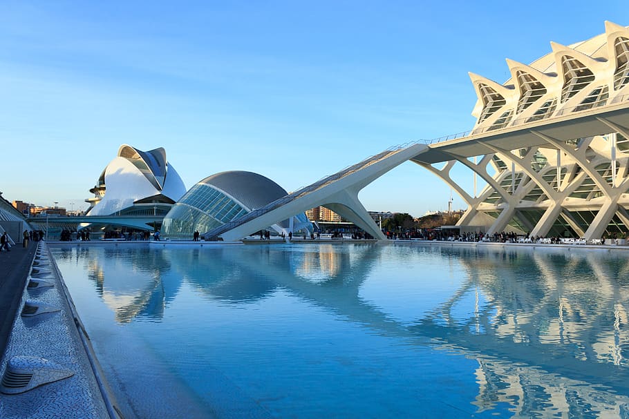 spain, valencia, architecture, futuristic, day, water, reflections
