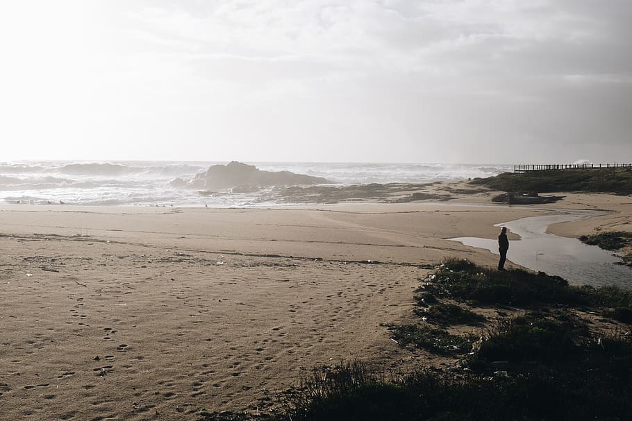 Photo of Beach, horizon, landscape, ocean, person, rocks, sand HD wallpaper