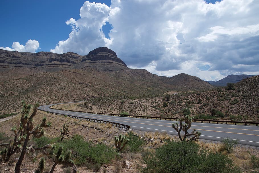 road, desert, clouds, cactus, sky, cloud - sky, mountain, scenics - nature HD wallpaper