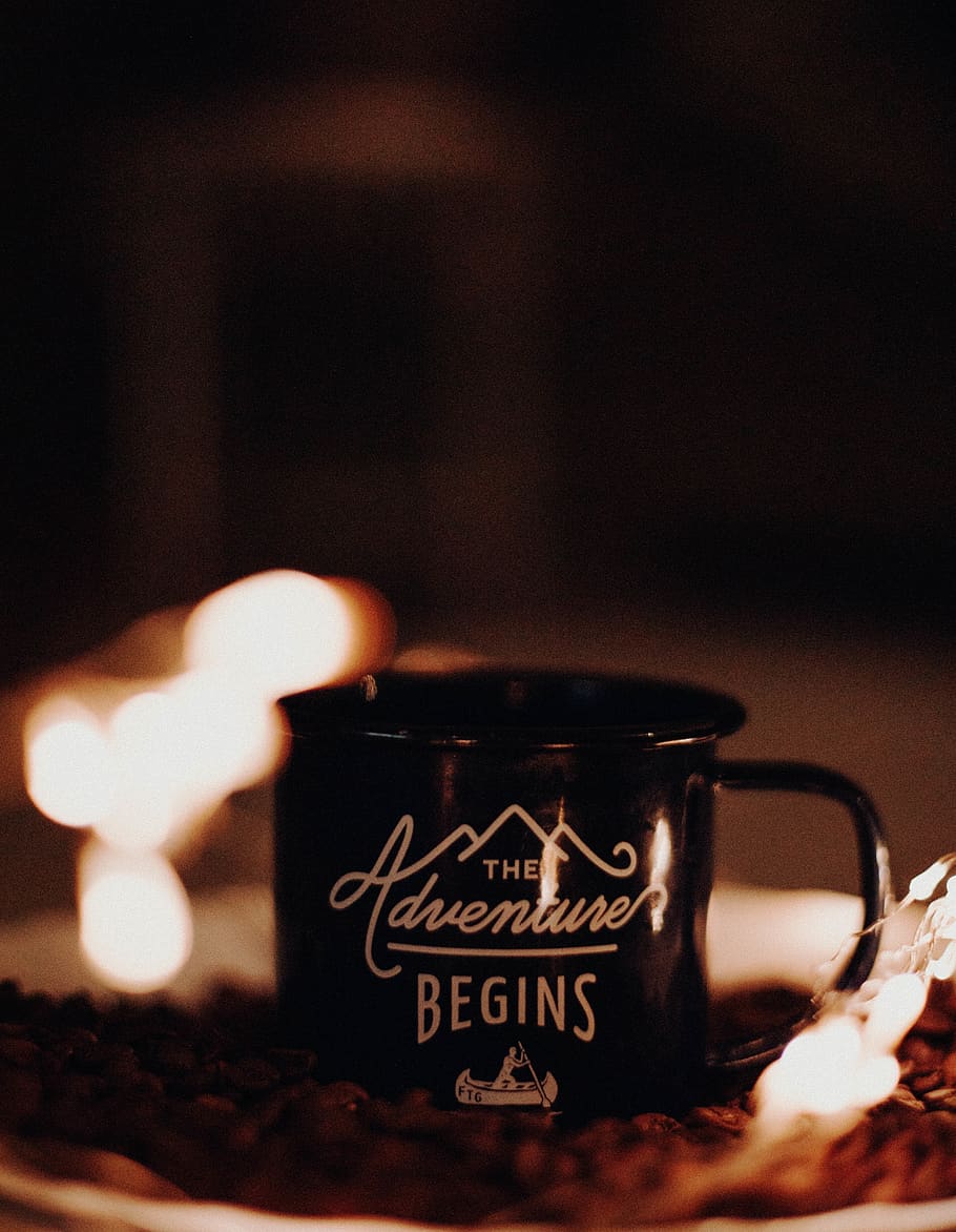 Close Up Photo of Black and White the Adventures Begins-printed Mug HD wallpaper