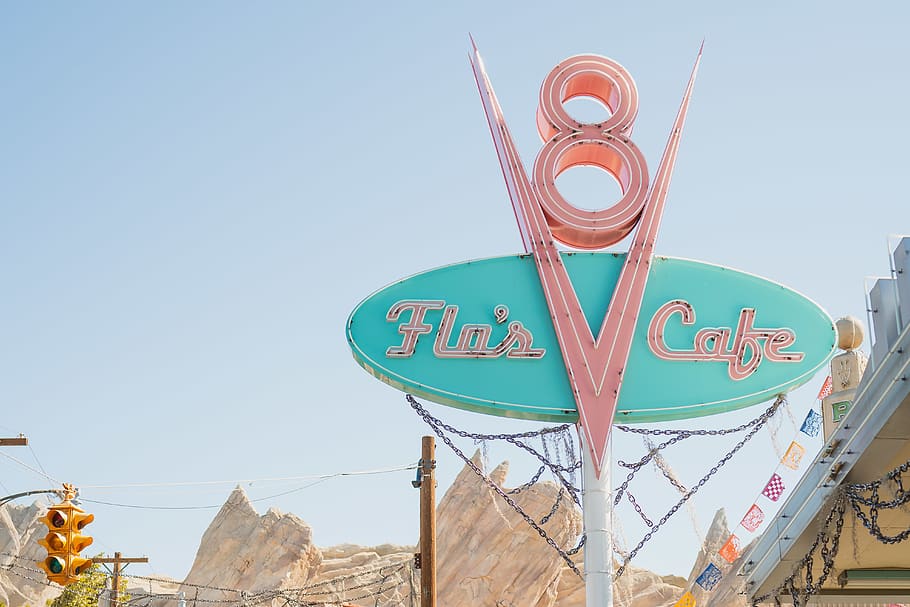 Flus Cafe signboard, sky, low angle view, clear sky, communication HD wallpaper