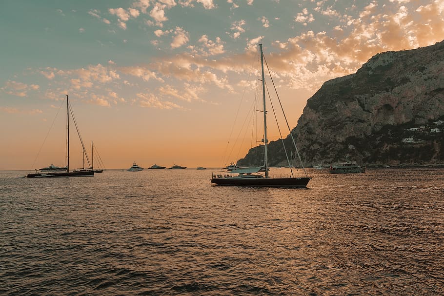 italy, capri, sail, water, sea, beach, mountain, horizon, blue, HD wallpaper