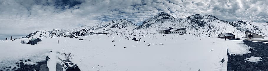 Gray Train Near Mountain, black and white, clouds, cold, daytime HD wallpaper