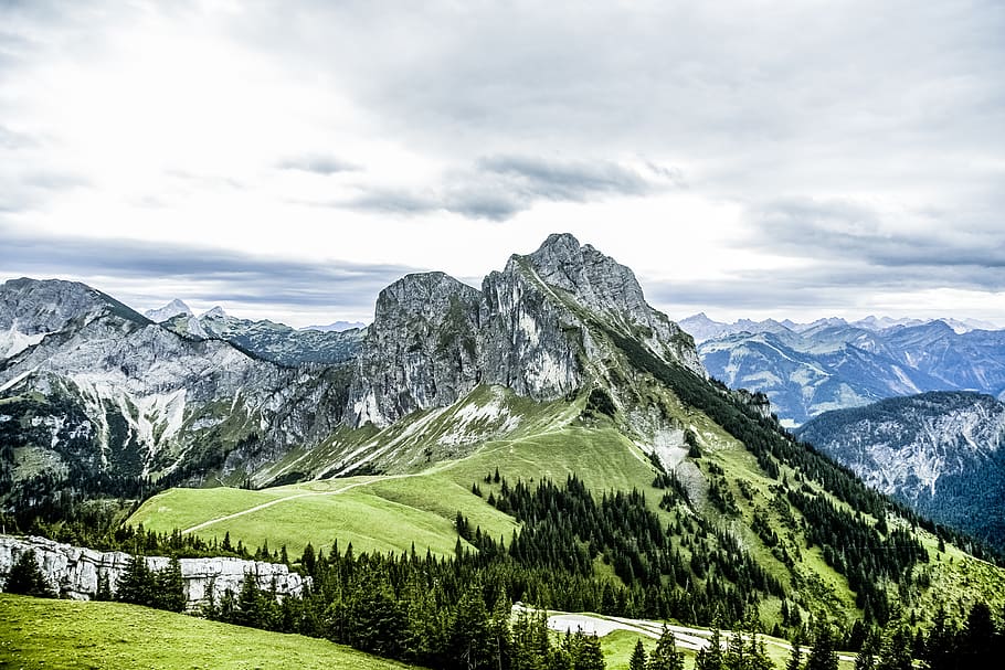 Aerial Photo of Mountains and Trees during Daytime, clouds, field HD wallpaper