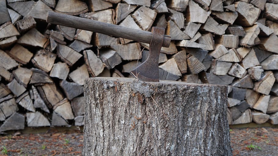 axe, wood, lumberjack, hatchet, tool, tree, log, firewood, woodworks
