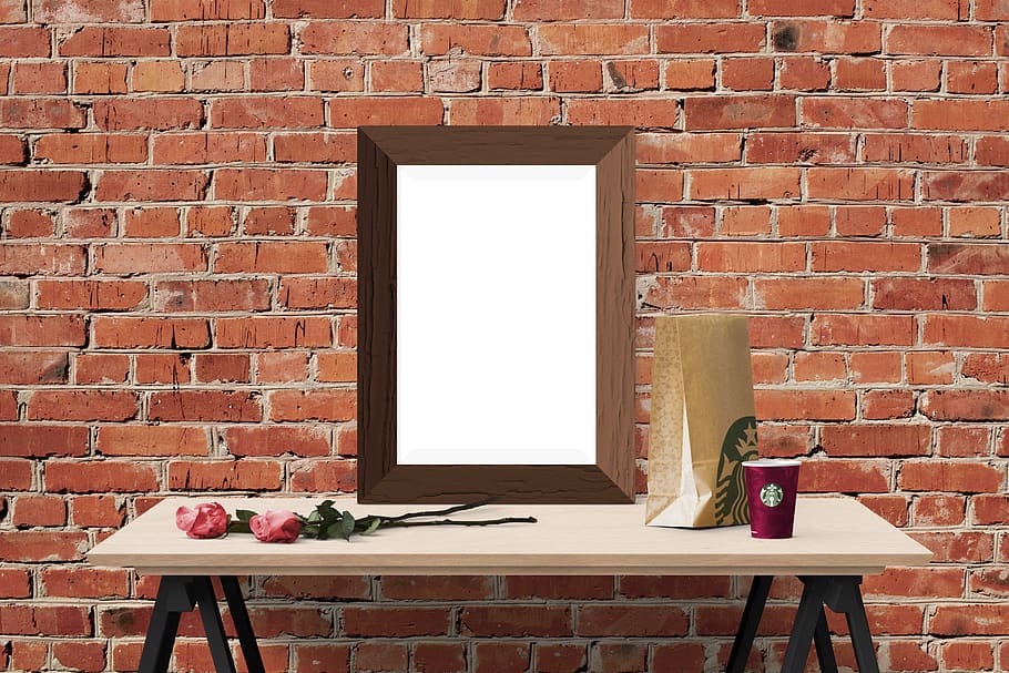 poster, frame, wall, desk, flower, bag, cup, brick wall, no people HD wallpaper