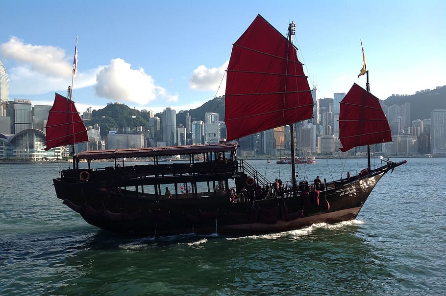 hong kong, scarlet sails, ship, gong kong, water, sky, nautical vessel, HD wallpaper