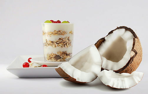 Split coconut and healthy parfait breakfast., party, several HD wallpaper