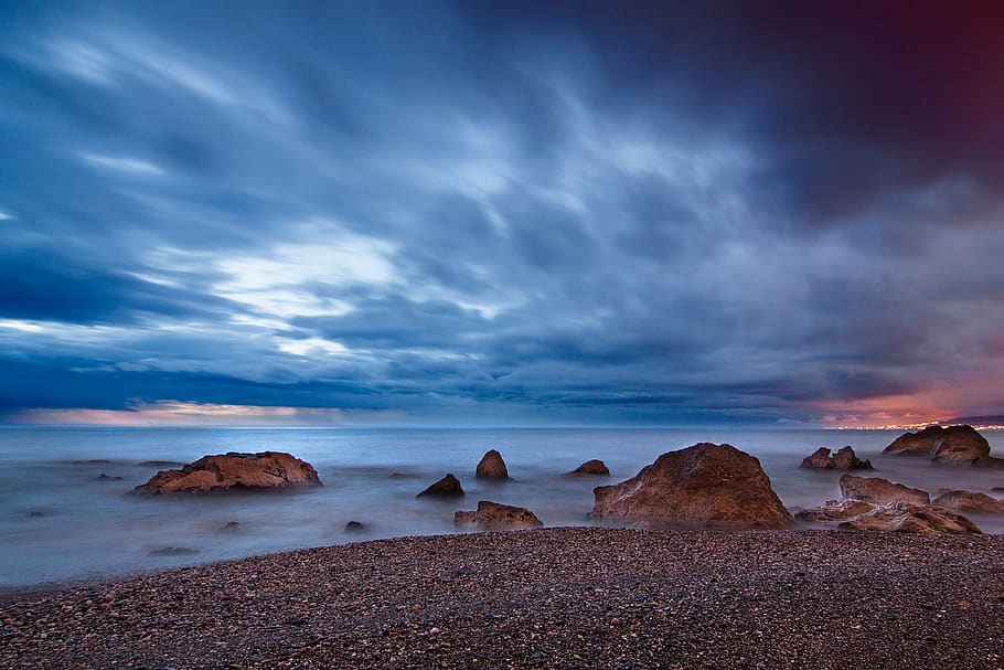 sea, ocean, water, waves, nature, rocks, horizon, blue, sky HD wallpaper