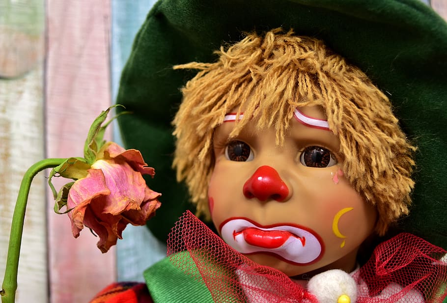 clown, sad, rose, withered, doll, cute, children, colorful HD wallpaper