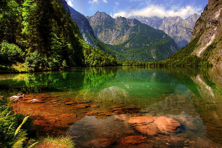 Lake in the Middle of Mountains, daylight, environment, forest HD wallpaper