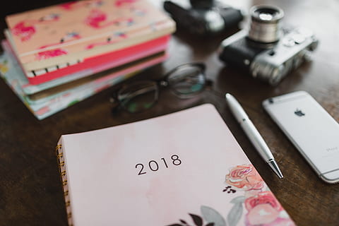 Pink calendar, notebook, diary, desk, table, indoors, high angle view HD wallpaper