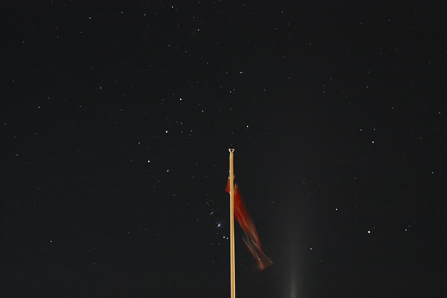 flag, star, flagpole, sky, dark, night, yellow, red, black, HD wallpaper