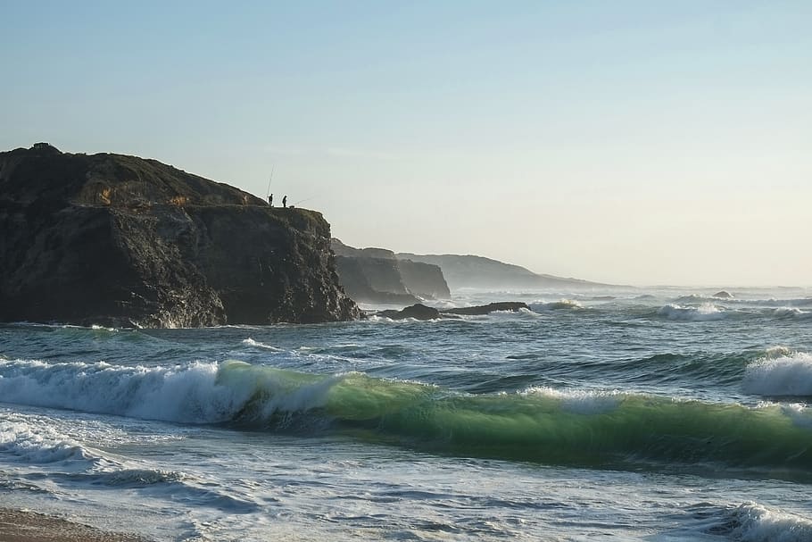 portugal, sea, waves, cliffs, westcoast, fishermen, water, beauty in nature HD wallpaper