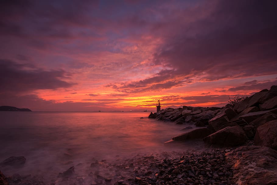 Photography of Body of Water during Golden Hour, beach, clouds HD wallpaper