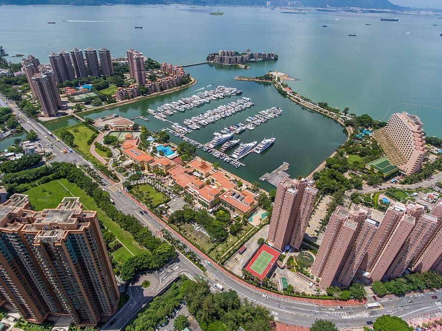 hong kong, drone, building exterior, city, architecture, water HD wallpaper