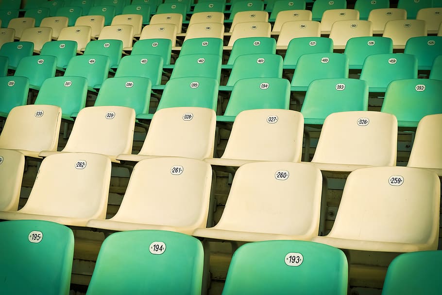 White and Teal Chairs, architecture, auditorium, bleachers, blue HD wallpaper