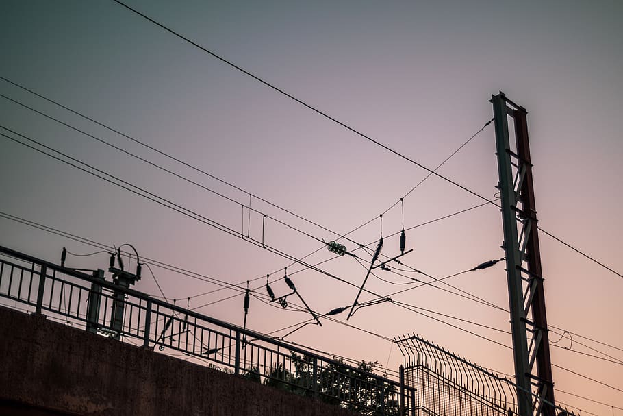 utility pole, power lines, wire, cable, electricity line, train