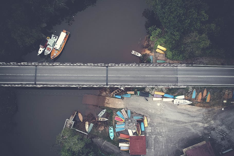 Aerial View of Bridge, boats, environment, high angle shot, landscape HD wallpaper