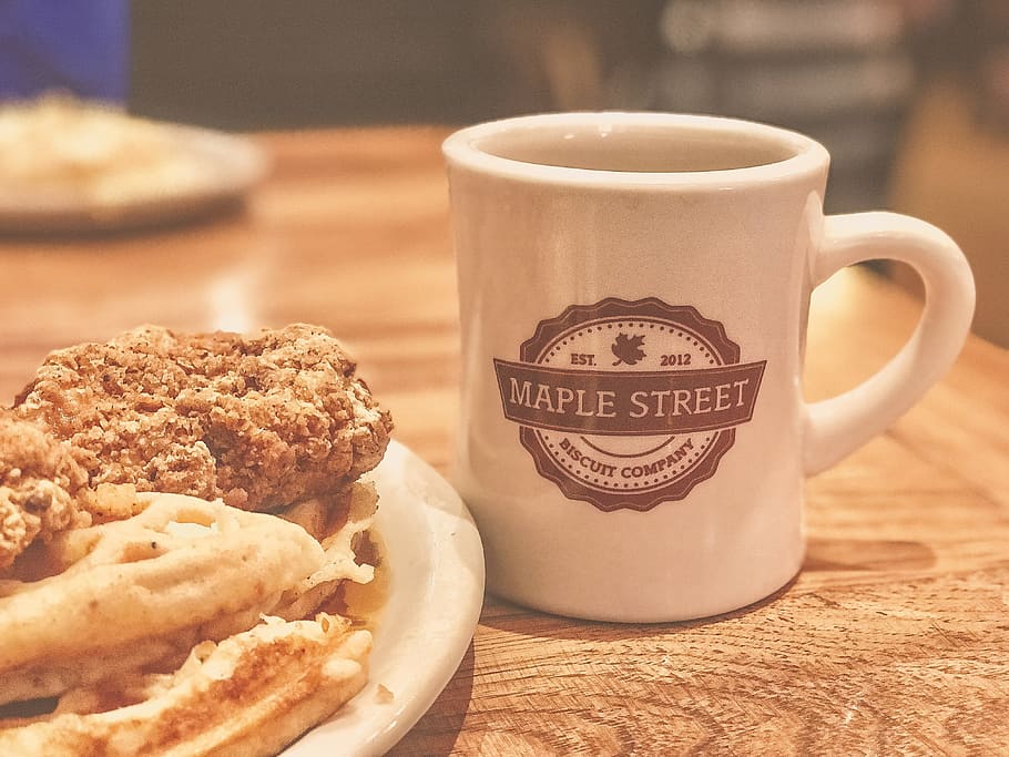 White and Brown Maple Street Ceramic Mug Beside Food, breakfast HD wallpaper