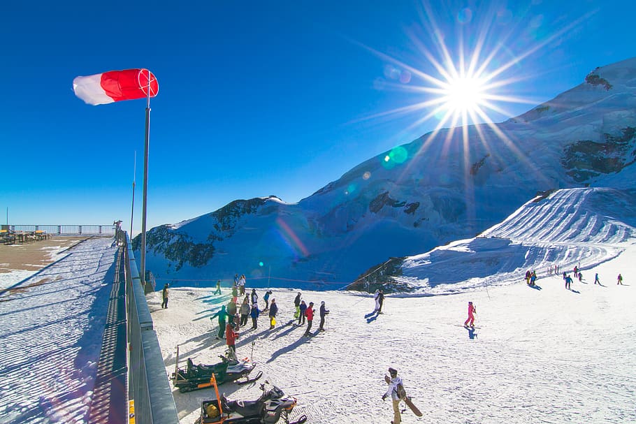 switzerland, saas fee, sun, mountain, snow, alpine, blue, nature HD wallpaper