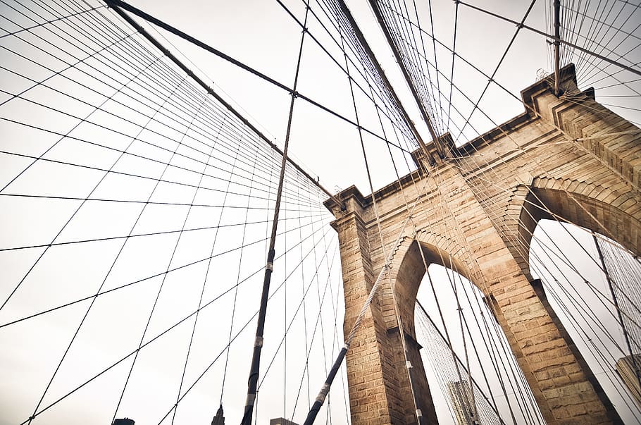 cable bridge under white sky, built structure, low angle view HD wallpaper
