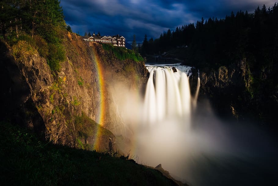 water false during night time, waterfall, snoqualmie falls, outdoors HD wallpaper