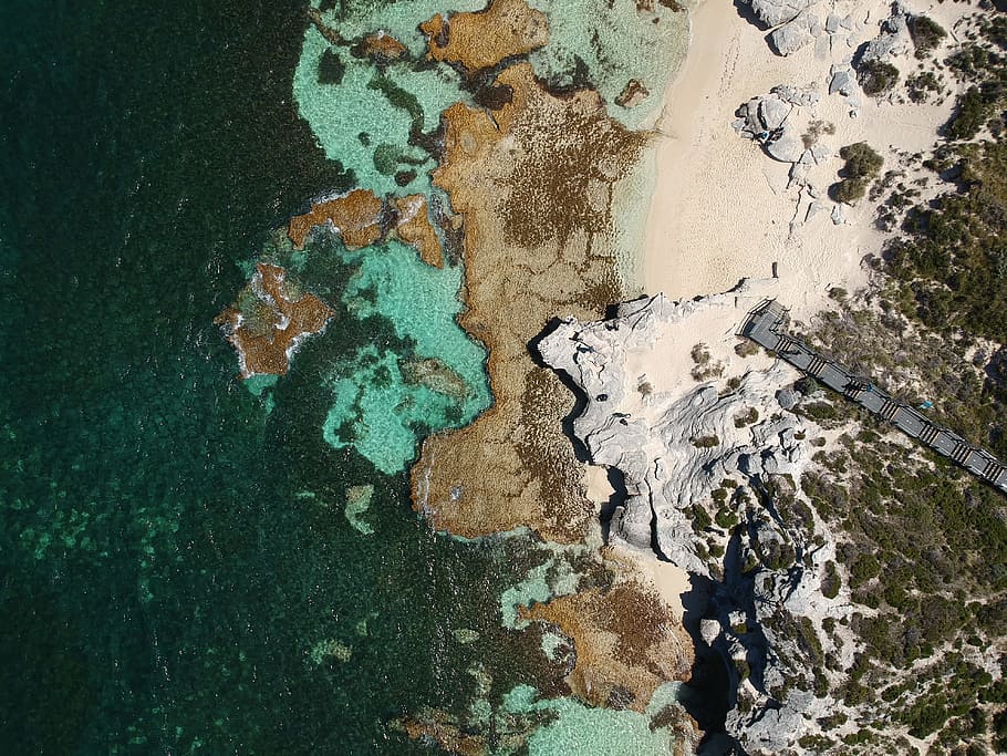 aerial view of seashore, beach, water, ocean, dock, sand, coral HD wallpaper