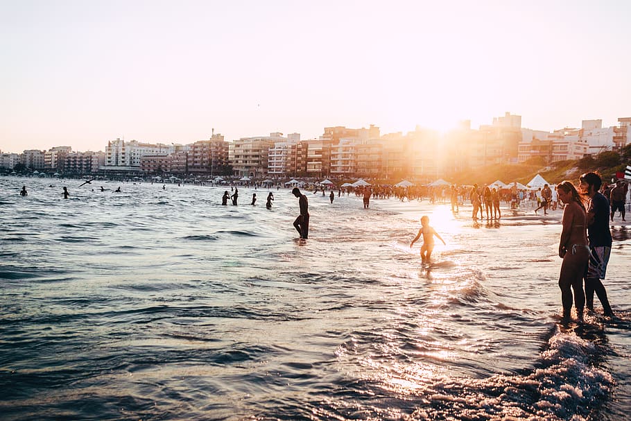 People At The Beach During Golden Hour, backlit, brazil, buildings HD wallpaper