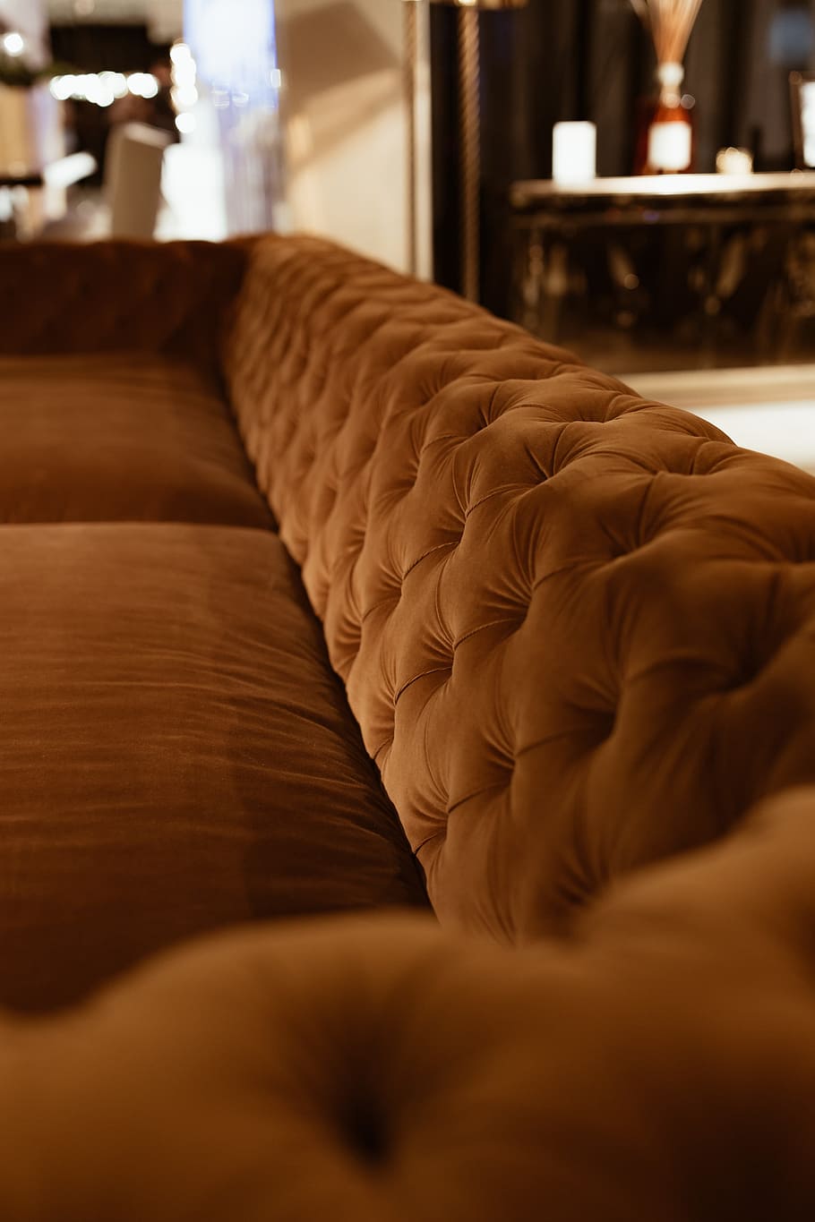 Orange velvet couch, sofa, furniture, home, modern, luxury, cushions, HD wallpaper