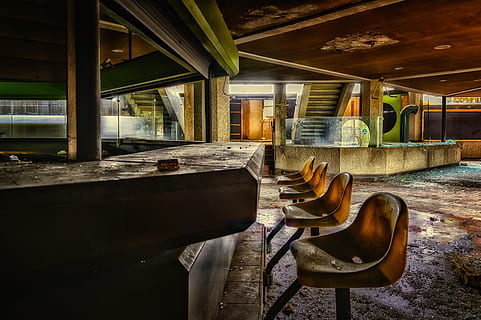 counter, bar, bar stool, gastronomy, abandoned places, lost places HD wallpaper