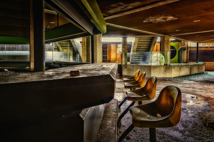 counter, bar, bar stool, gastronomy, abandoned places, lost places HD wallpaper