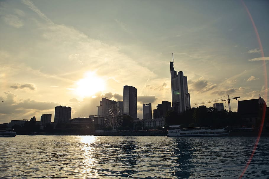 A panoramic view of London city at sunset including skyscrapers and London eye HD wallpaper