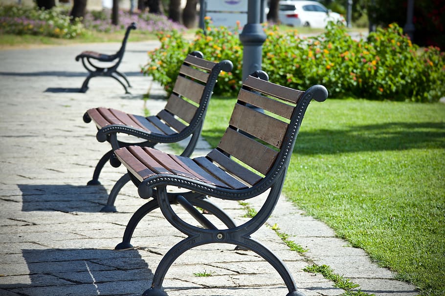 bench, sitting, rest, park, seat, empty, outdoors, relaxation HD wallpaper