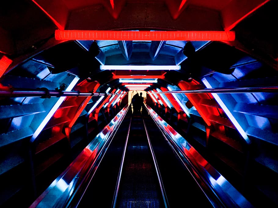 red and blue illustration, architecture, illuminated, indoors HD wallpaper