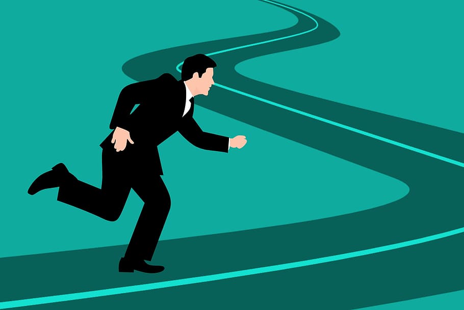 Illustration of businessman on fast track with growing business on winding road