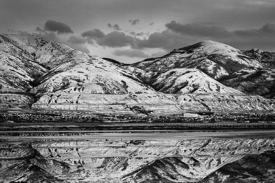 Grayscale Photo of a Landscape View of Mountains, black and white HD wallpaper