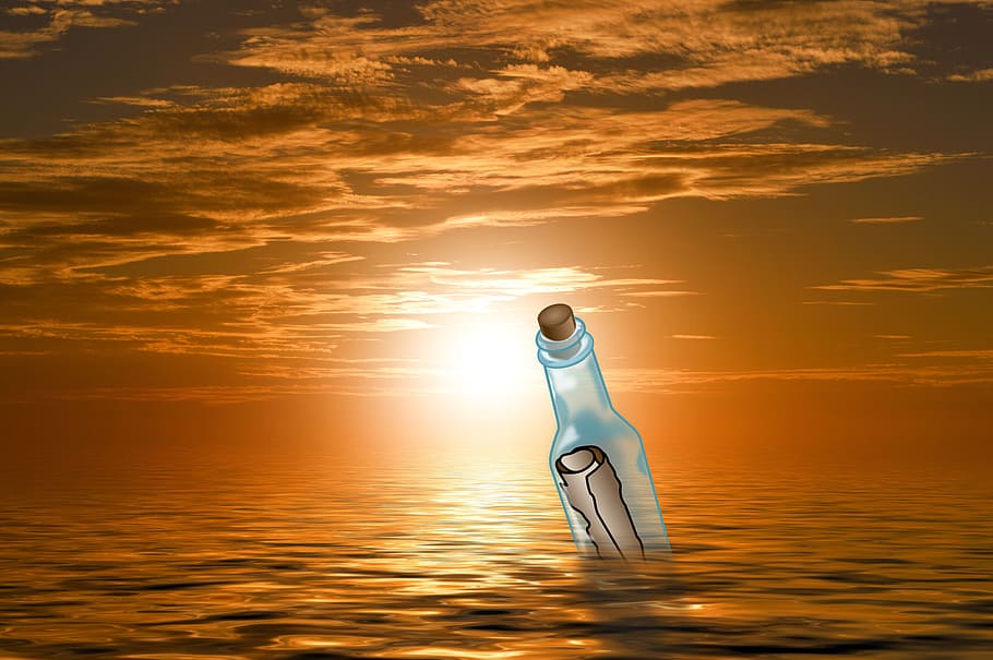 message, bottle, sea, sunset, romantic, sky, setting, clouds HD wallpaper