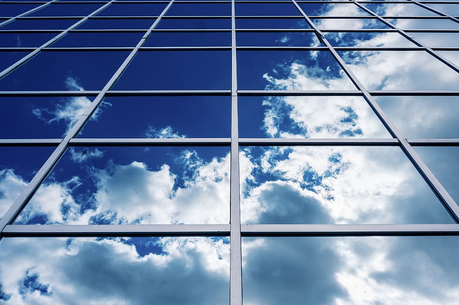 Glass Building With Clouds Reflection, architectural design, architecture HD wallpaper