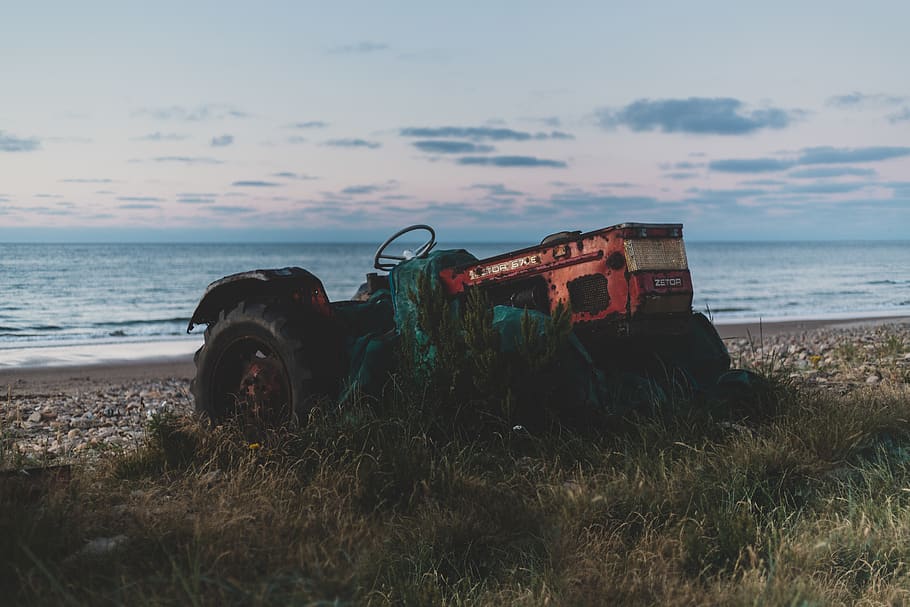 red tractor, vehicle, transportation, bulldozer, saltburn-by-the-sea HD wallpaper