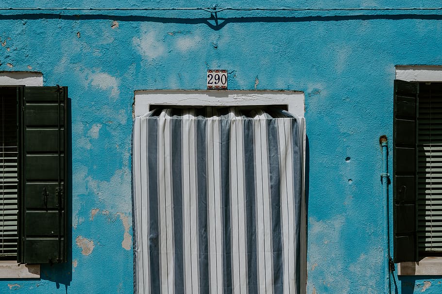 teal painted wall, building, window, shutter, curtain, doorway HD wallpaper