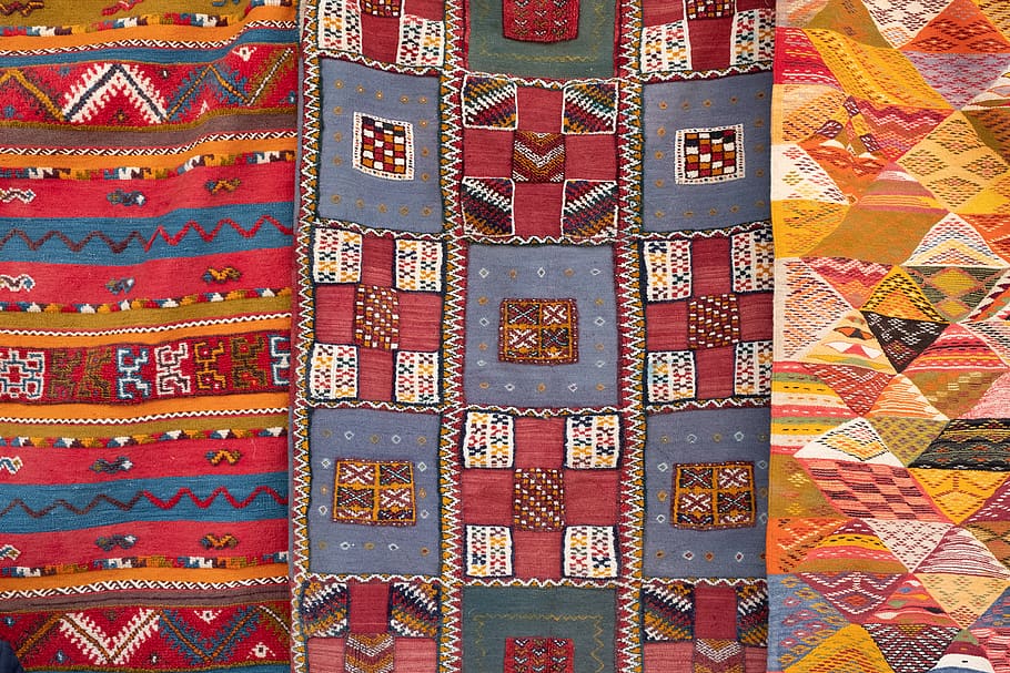 three assorted-color quilts, pattern, indoors, multi colored HD wallpaper