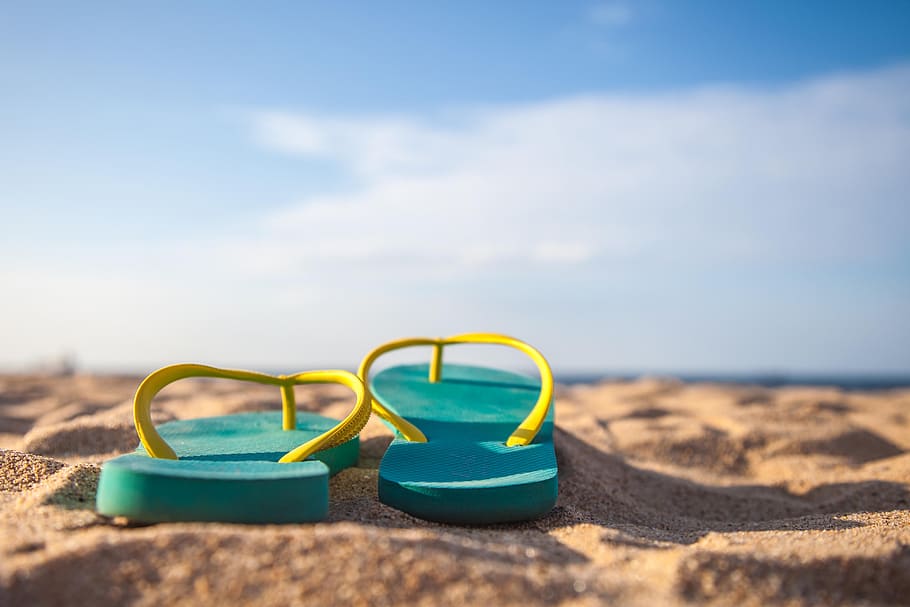 slippers, sand, blue, beach, sky, land, nature, sunlight, cloud - sky HD wallpaper