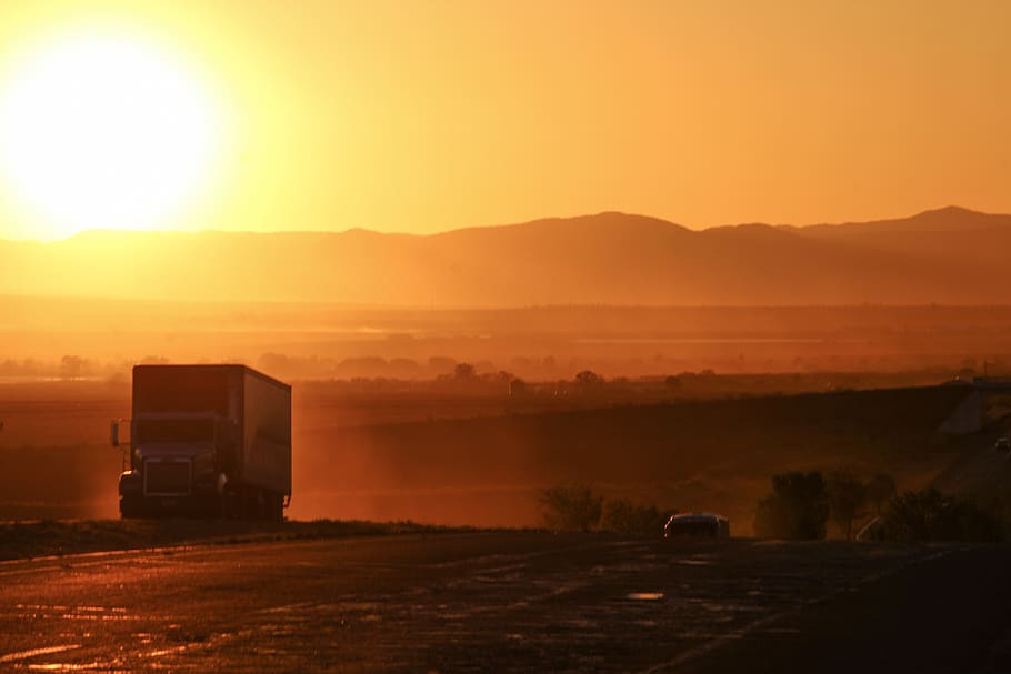 land vehicle, mode of transportation, sunset, sky, truck, motor vehicle, HD wallpaper